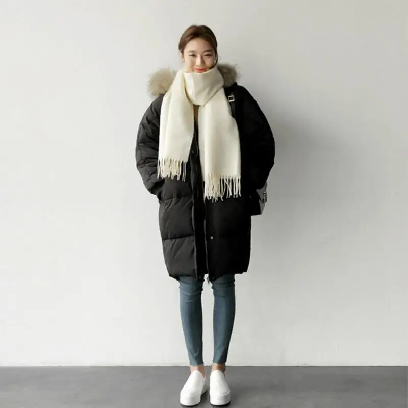 Женская зимняя черная длинная куртка с капюшоном и мехом уличная одежда в стиле