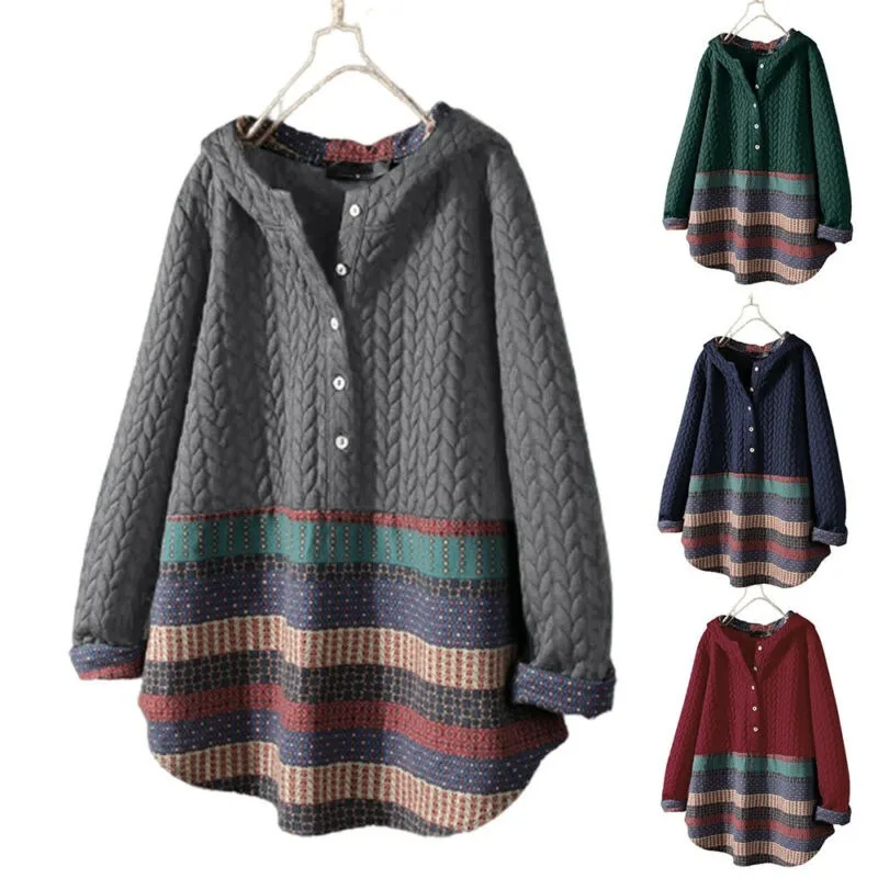 

Plus Size Women Long Sleeve Loose Baggy Boho Hooded Button Hoodies Pullover Coat