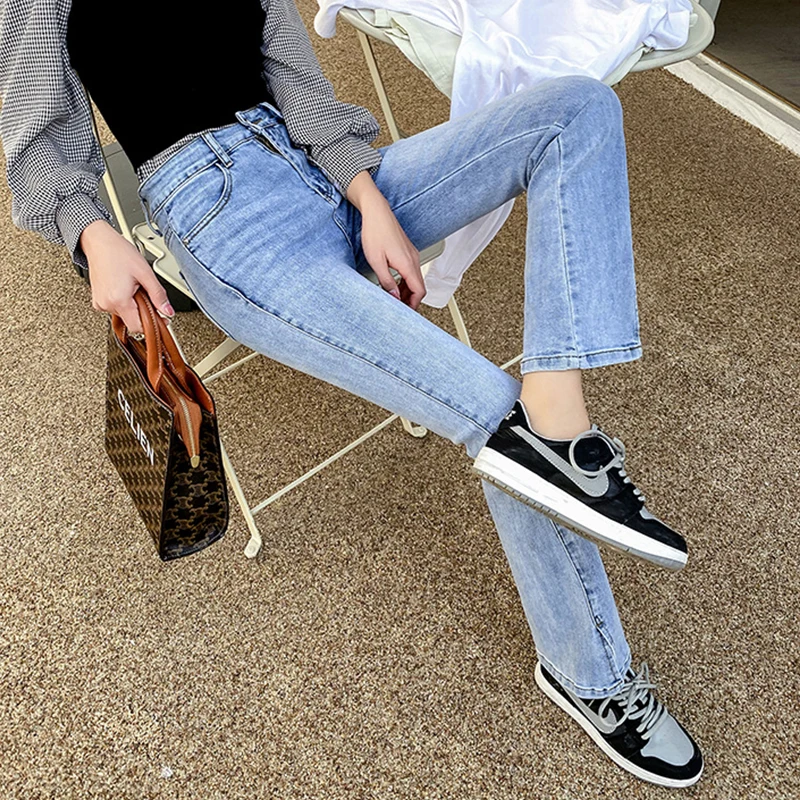 

Blue Flare Pants Women Hem Split Design Y2K Retro Elegant Korean Stylish Jeans Trousers Female High Waist Slim OL Casual Clothes