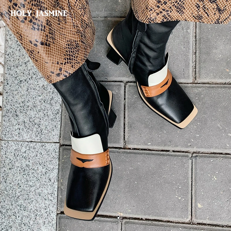 

Элегантные женские ботильоны с квадратным носком; Модные осенне-зимние туфли-лодочки на толстом каблуке с молнией сзади; Свадебная обувь; Н...