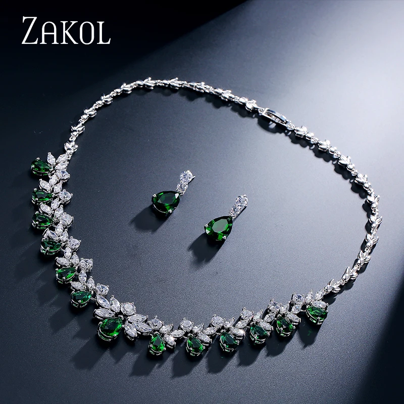 Green Бренд ZAKOL, сверкающий кубический цирконий, ювелирные наборы, модный цветок, Африка, набор для элегантных женщин, свадебное платье FSSP170 - Окраска металла: Green