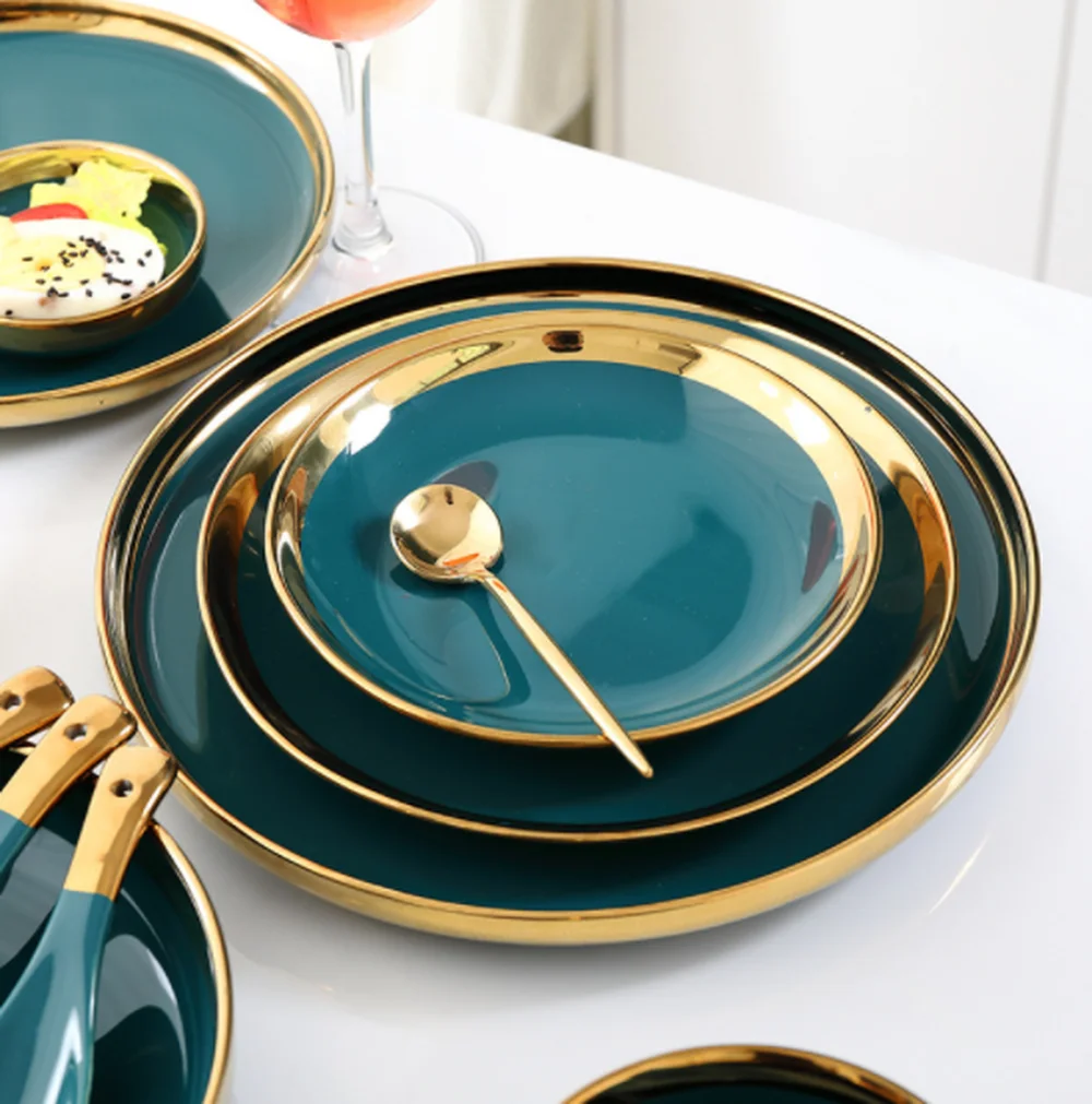 Набор из 25 тарелок Light Luxury Green Phnom Penh из костяного фарфора керамической посуды для обеда на кухне.