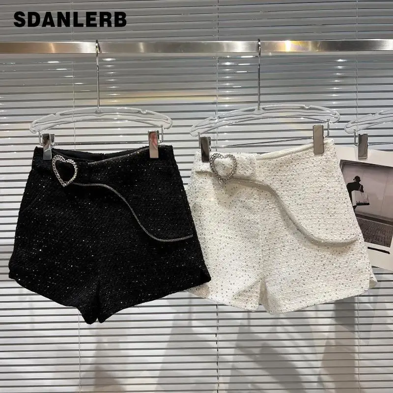 

2021 Winter New Sequined Decorative Tweed Three-Point Shorts Elegant All-matching Solid Color Short Pants Women's Bottoms
