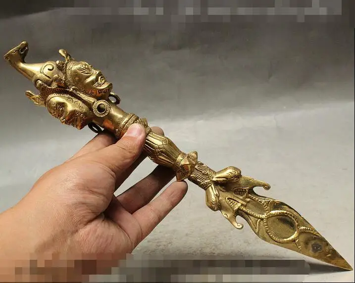 Большой 14 &quot35 см Тибетский Буддизм 3 Махакала Будда Глава Пурба Кинжал держатель