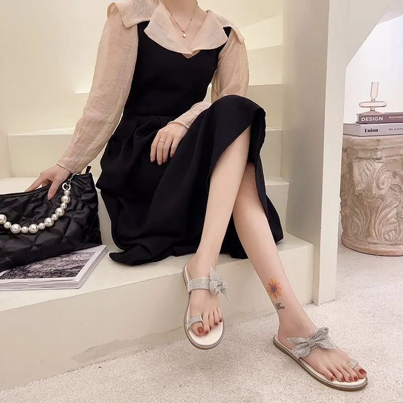 

Rubber Flip Flops High-Heeled Shoes Lady Ladies' Slippers Slipers Women Luxury Slides String Bead Butterfly-Knot Low Hawaiian Fl