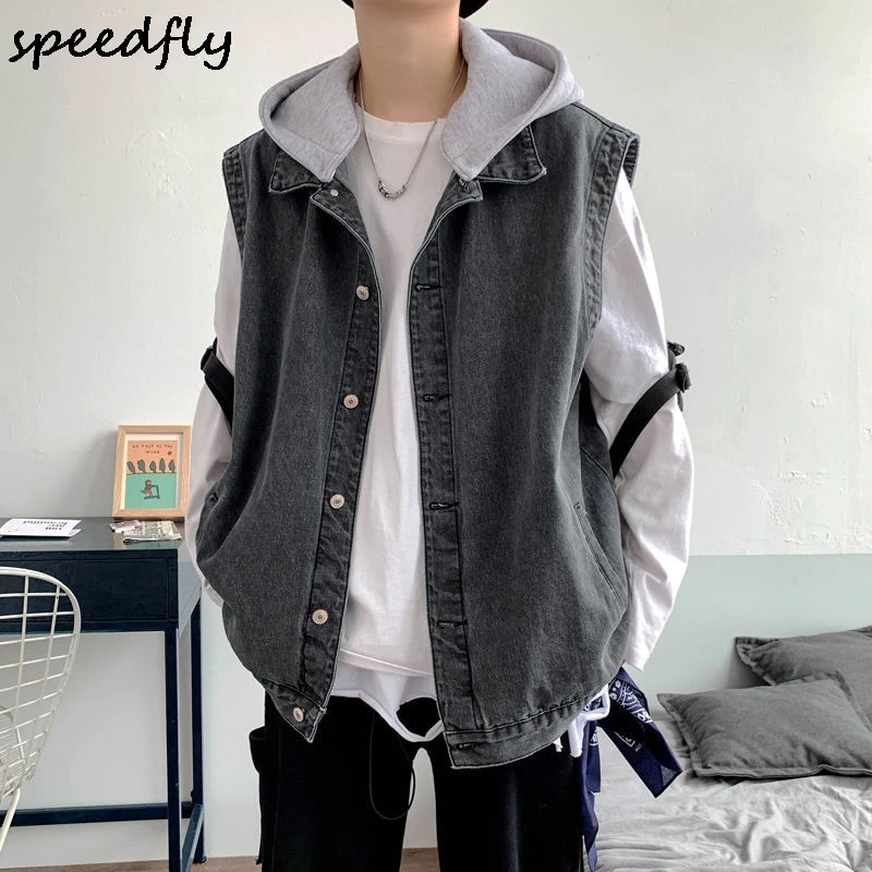 

Men's Jacket 2021 Autumn new slim solid color sleeveless hooded vest jacket loose casual personality youth men's wear