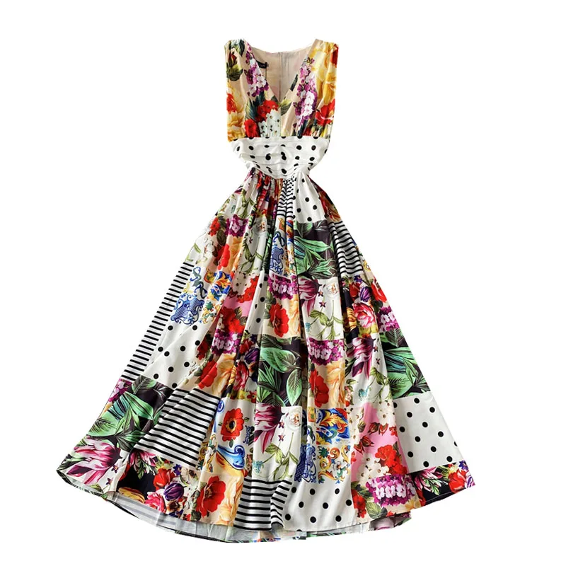 

posed dress the new summer 2021 runway show a v-neck printed sleeveless goddess temperament of tall waist fei dress