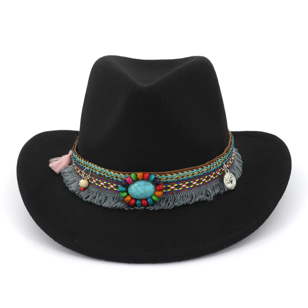 

Women Wool Hollow Western Cowboy Hat Roll-up Wide Brim Cowgirl Jazz Equestrian Sombrero Cap With National style Ribbon AD0853