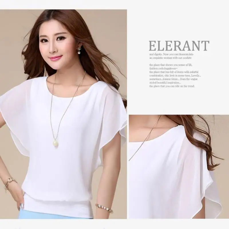 Шифоновые топы с круглым воротником размера плюс рукава летучей мыши