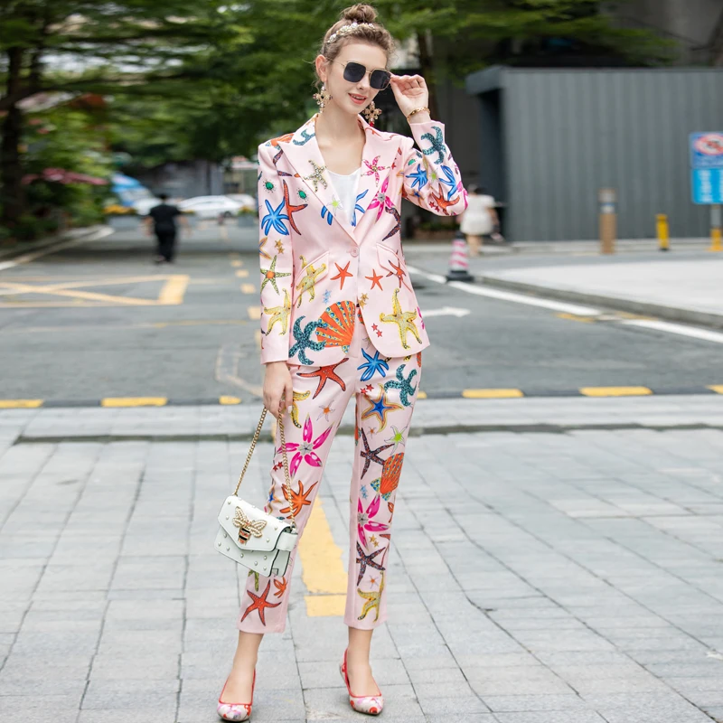 

DIDABOLE Designer Autumn New Women Print Sets Diamond Coat Tops + Casual Pants Office Elegant Party High quality 2 Piece Suit