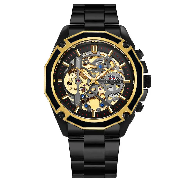 BLACK GOLD FORSINING, деловые часы для мужчин, авто механические, для мужчин, s Wataches, лучший бренд, люкс класс, золотой Стальной ремешок, скелет, хип-хоп, панк, наручные часы - Цвет: BLACK GOLD