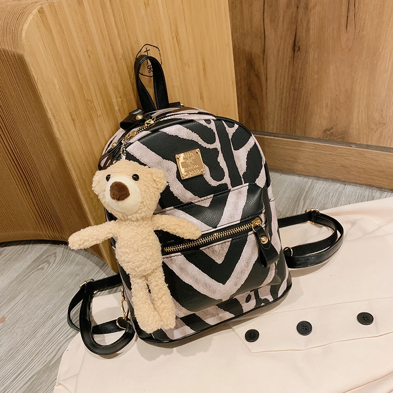 

New Autumn Small Backpack Women 2020 Fashion Zebra Pattern Shoulder Bags Mini Luxury Ladies Backpacks with Bear Pendant Girls
