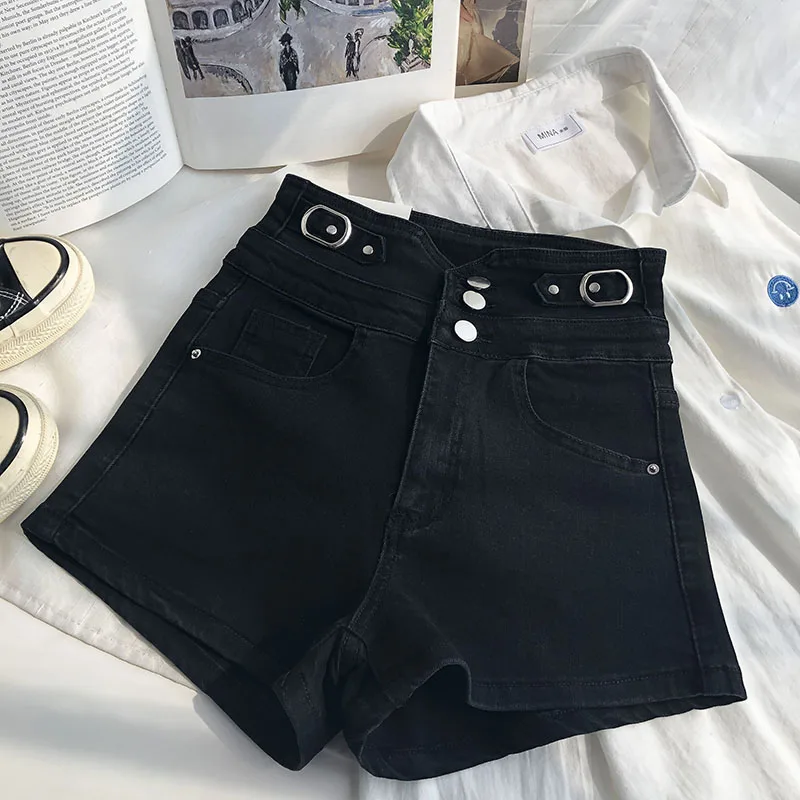 

Irregular high-waisted single-breasted A-line denim straight-leg pants women's spring and summer Korean slim shorts hot pants