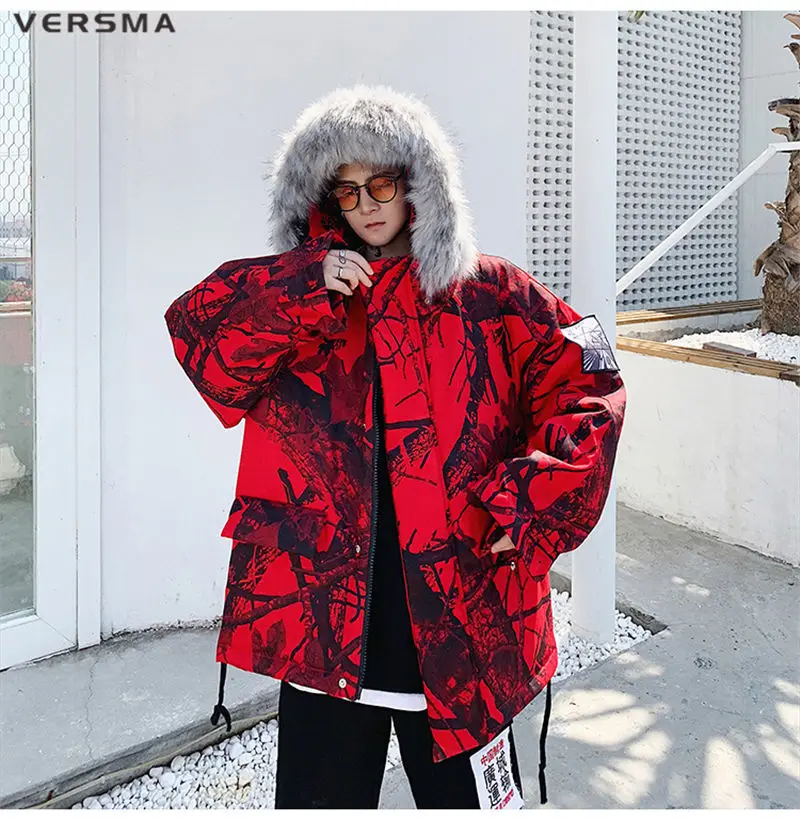 VERSMA корейский Камуфляж меховой воротник Длинная зимняя куртка Мужское пальто парка теплый капюшон хип хоп негабаритных Длинные мужские куртки пальто парки