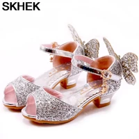 skhek princess kids leather shoes for girls flower casual glitter children high heel girls shoes butterfly knot pink silver