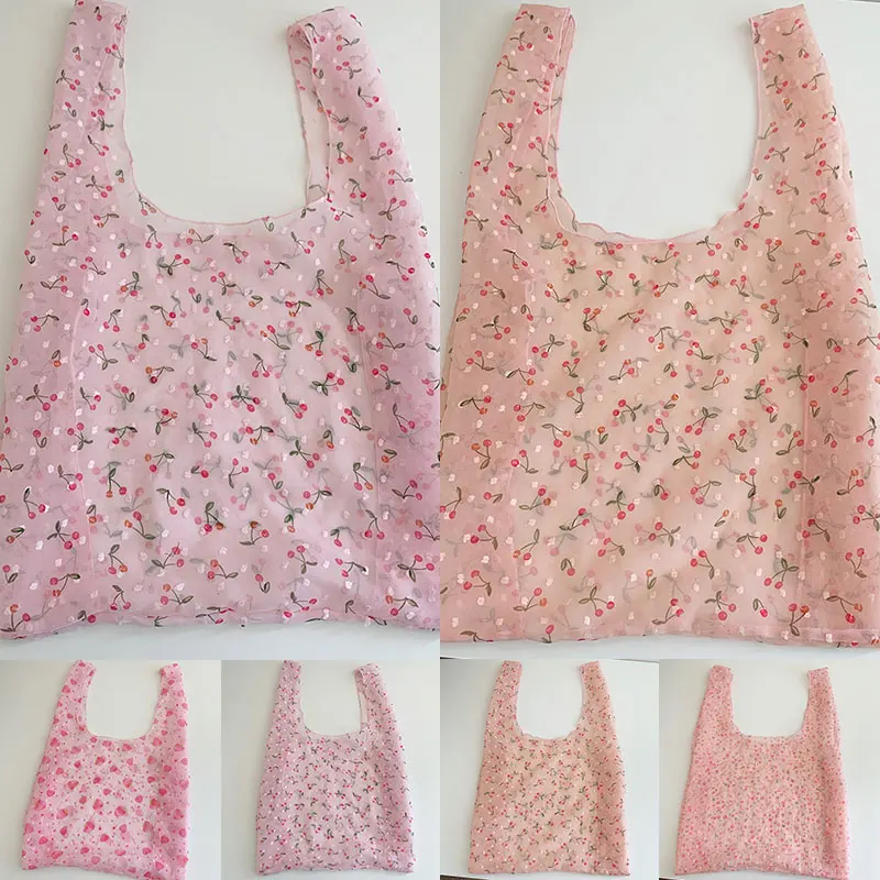 

Women Transparent Shopping Bag Mesh Tulle Flower Handbag Cute Flower Fruit Bag Small Foldable Reusable Tote Pouch Sweet Handbags