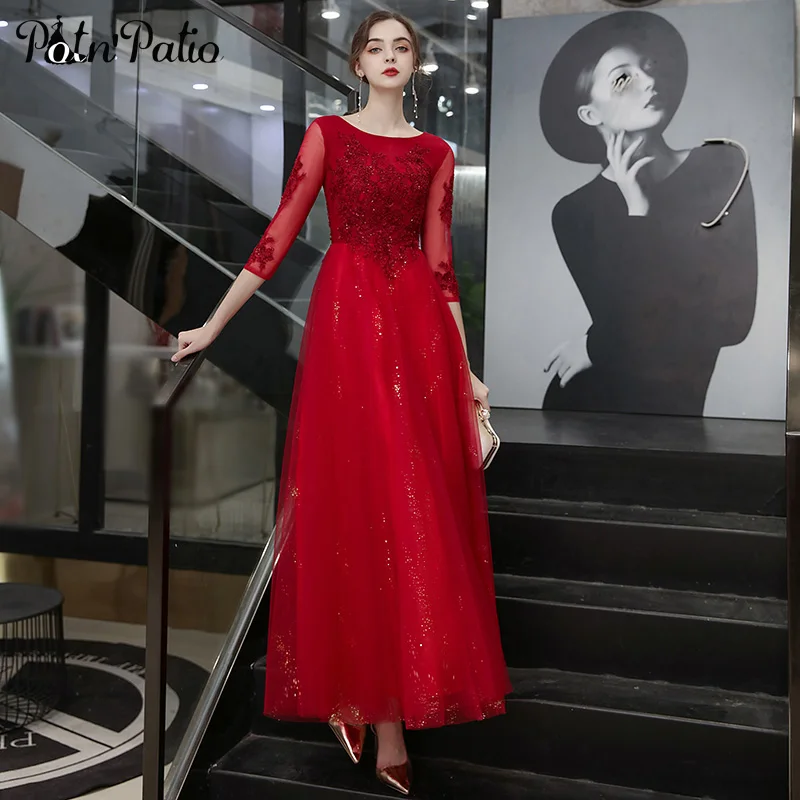 

Wine Red Evening Dresses For Wedding Party Elegant O-neck A-line Floor-length Appliques Tulle Long Women Prom Gowns With Sleeves