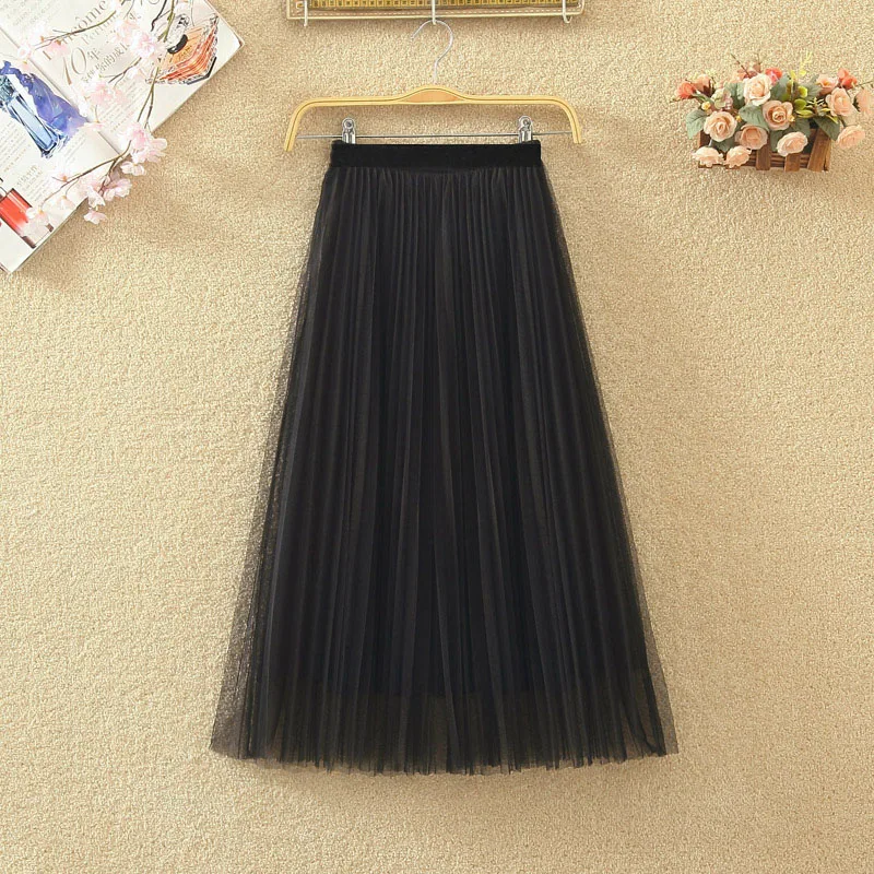 

Long Tulle Skirt Women 2020 Spring Summer Korean Elegant High Waist A-line Pleated Midi Skirt Female Party Puffy Skirts