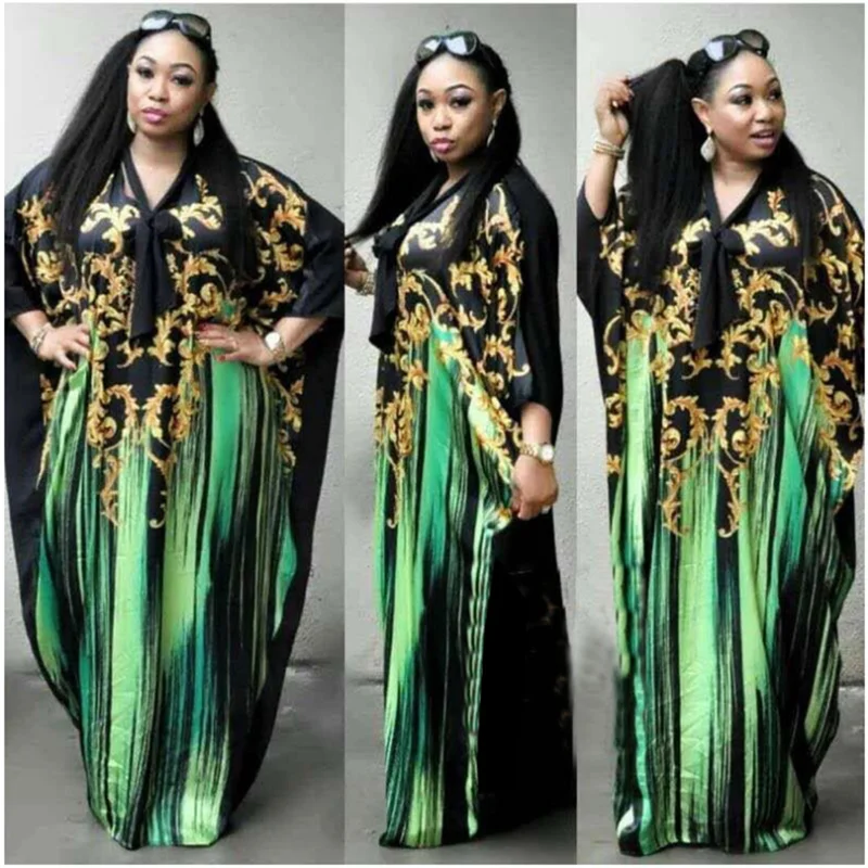 

Houseofsd Fashion African Woman Plus Size Casual V Neck Multicolor Stripes Printing Muslim Long Dress With Bow Tie Abaya
