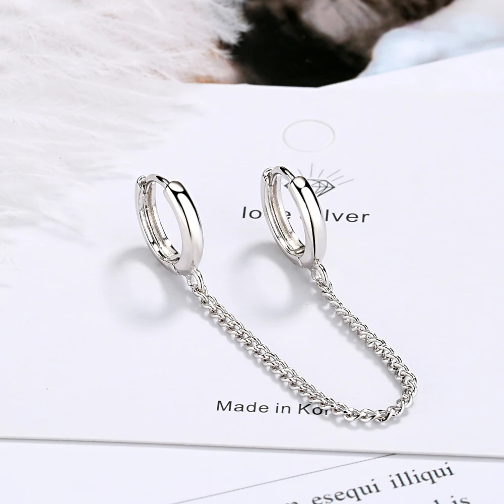 ANENJERY 1PC New 925 Sterling Silver Double Ear Hole Chain Hoop Earring For Women Minimalist Jewelry Dropshipping S-E971