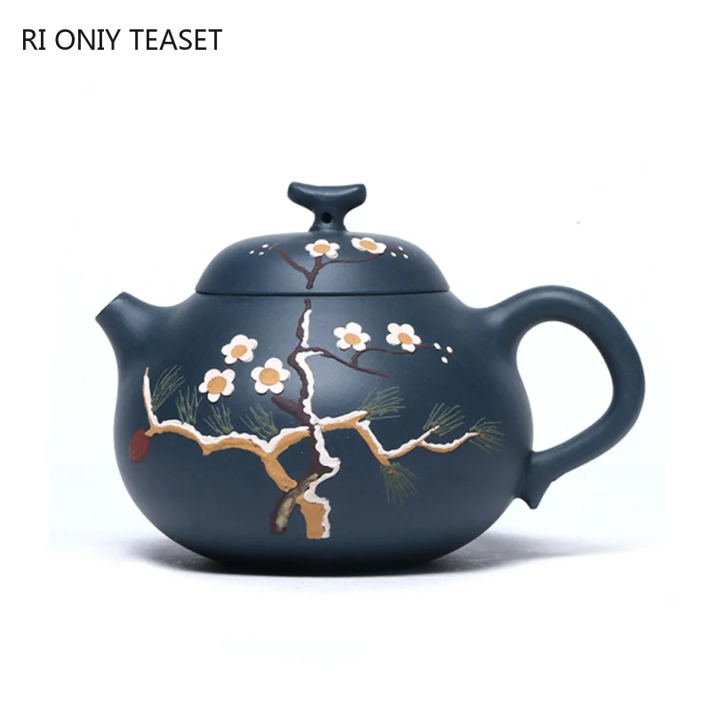 

230ml Authentic Yixing Purple Clay Teapot Raw Ore Azure Mud Filter Tea Pot Hand Drawn Plum Blossom Tea Kettle Household Tea Sets