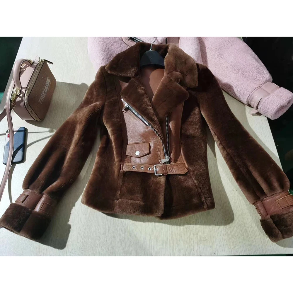 

Shearling Fur Jacket Thick Warm 100% Sheep Fur Jacket Women Shearling Coat Winter M496