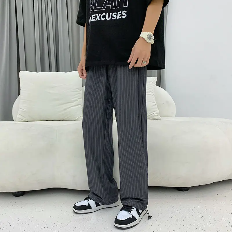 

Summer Wide-leg Pants Men's Fashion Striped Casual Pants Men Trousers Korean Loose Straight-leg Suit Pants Mens Dress Pants