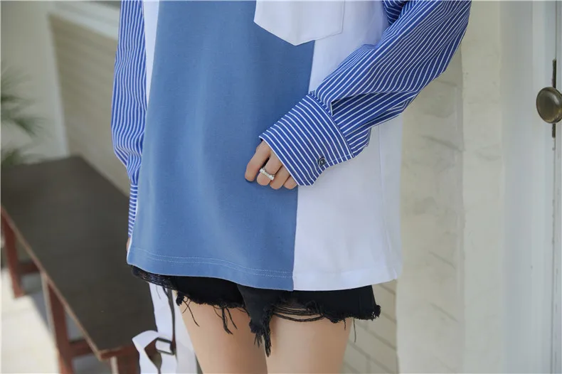 

CHEERART Korean Streetwear Women Sweatshirt Blue Patchwork Hoodies Pullover Crewneck Sweatshirt Kpop Clothes Autumn Spring