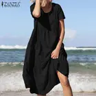Женское винтажное льняное платье ZANZEA, однотонное Хлопковое платье средней длины с коротким рукавом, Повседневный Сарафан для работы на лето