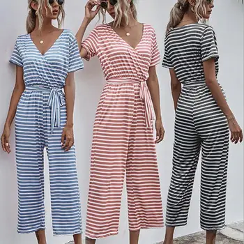 European and American women's fashion striped V-neck short-sleeved lace-up slim casual women's jumpsuit 1
