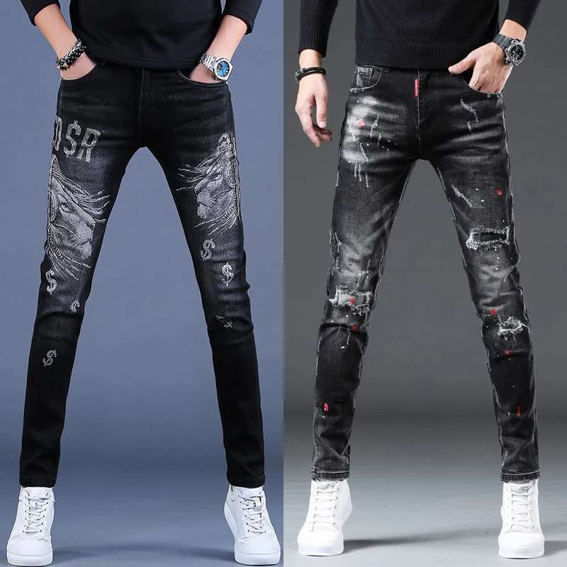 

Мужские легкие Роскошные Стрейчевые джинсы, Корейская версия, облегающие модные черные джинсы с принтом, высококачественные рваные нашивк...