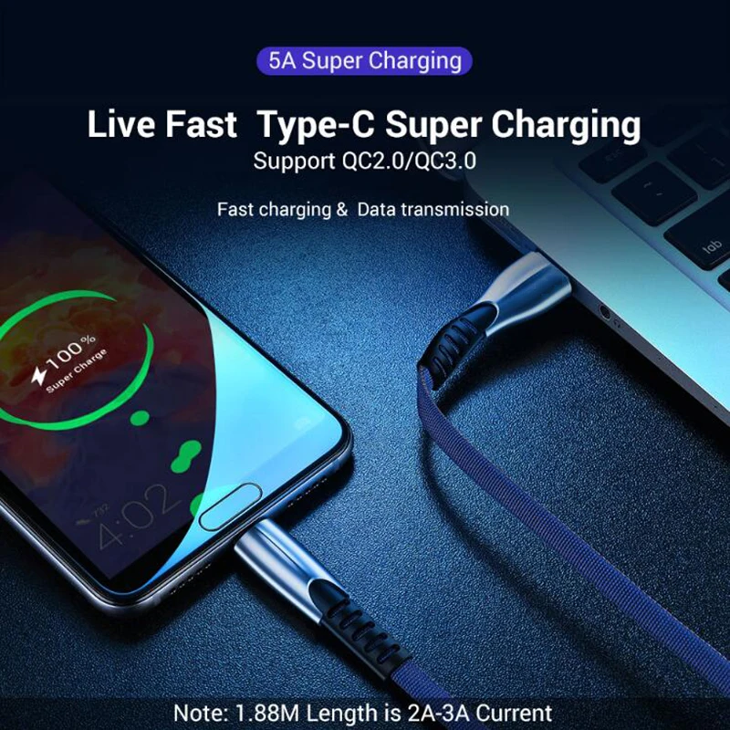 Плетеный нейлоновый кабель быстрой зарядки USB C type C для huawei P10 P20 Lite Pro 5A кабель быстрой зарядки для samsung galaxy s9 s8 plus