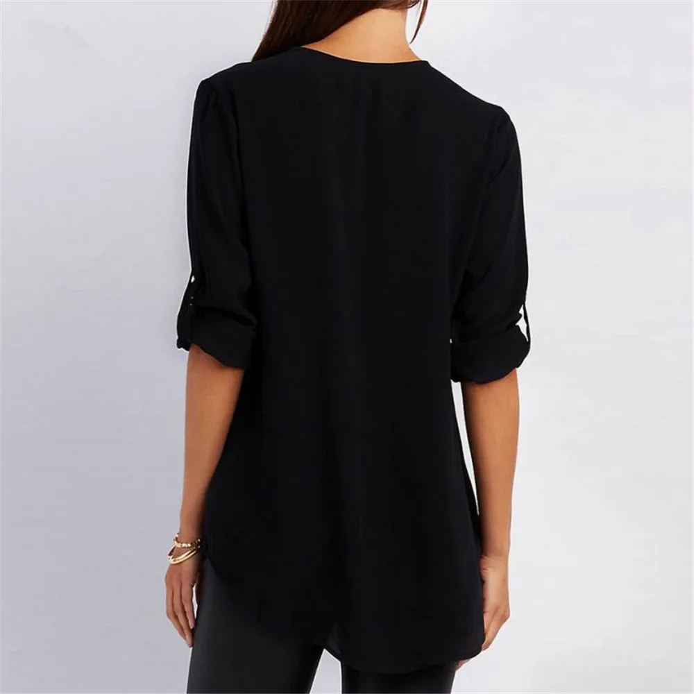

S-5xl Women Chiffon Blouse Casual Half Sleeve V-neck Zipper Blue Irregular Loose Shirts Summer Autumn Sexy Tops Plus Size Shirts