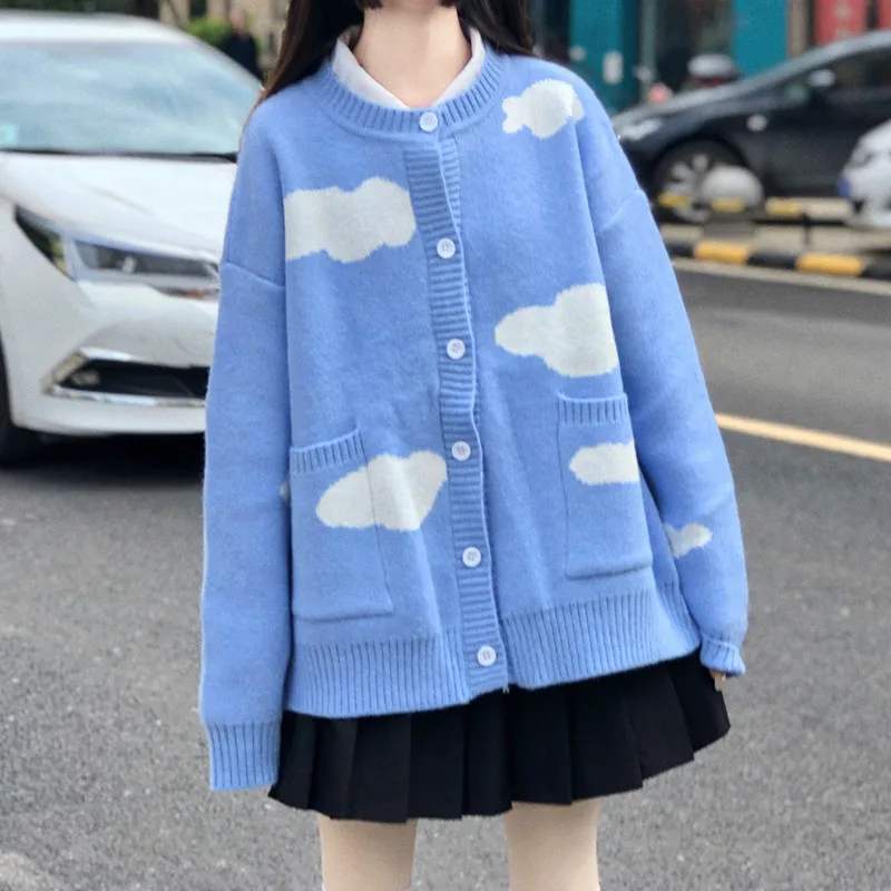 Japanese College Style Winter Sweet Girly JK Cardigan Vintage Clouds O-Neck Full Sleeve Single-breasted Blue Knitting Sweater