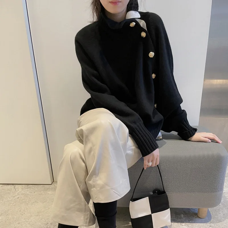 

Women Sweater Metal Diagonal Buckle Sweater Autumn and Winter Wool Blend Loose Straight Leg Thin Knit Sweater Women