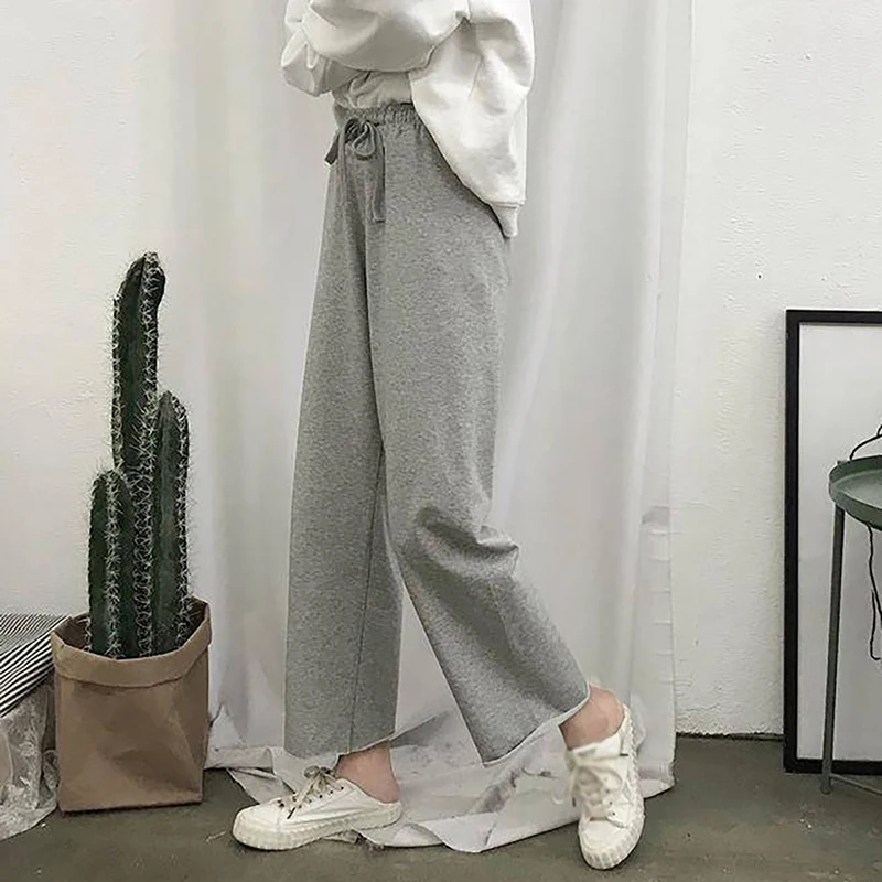 

Women Pants Spring Summer Solid Color Loose Elastic High Waist Tie Straight Casual Pants