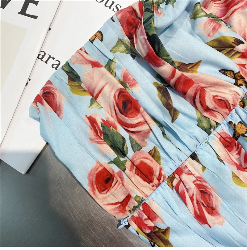 

2021 Summer New Short Blusas Mujer Retro Pastoral Style Pleated Slimming Blouse Women Short Puff Sleeve Printed Chiffon Shirt