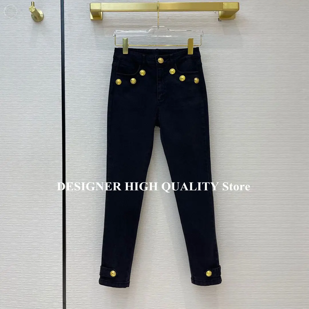 Streetwear All-matched Skinny Pencil Jeans Women 2021 New Fashion Gold Buttons High Waist Fashion Ankle Length Black Denim Pants