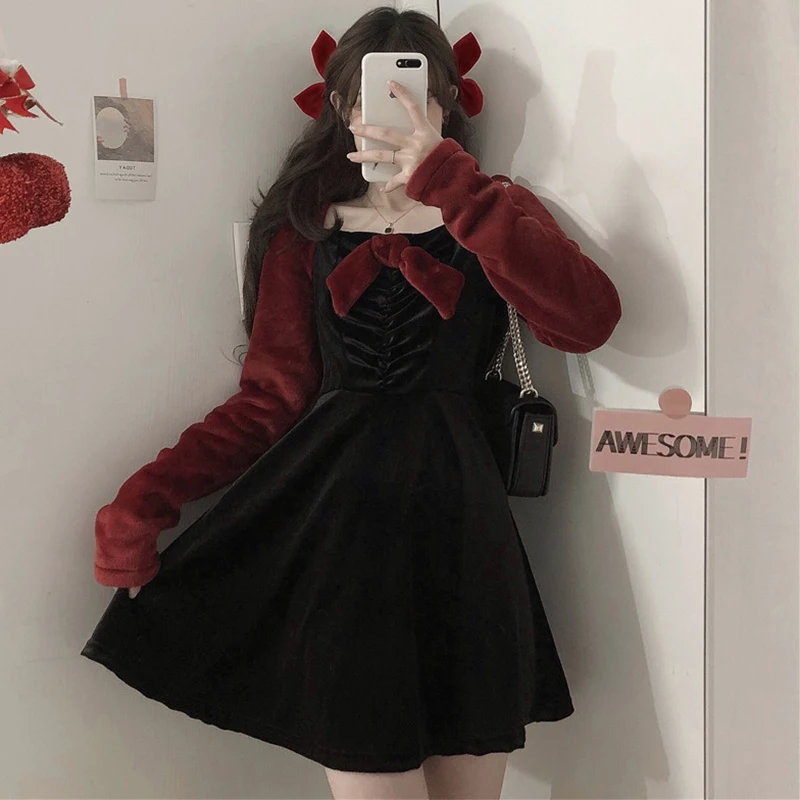 

Christmas Red Contrast Color Mink-like Dress Women's Autumn Winter Japanese Vintage Bow Waist Slimming Midi sweet lolita dress