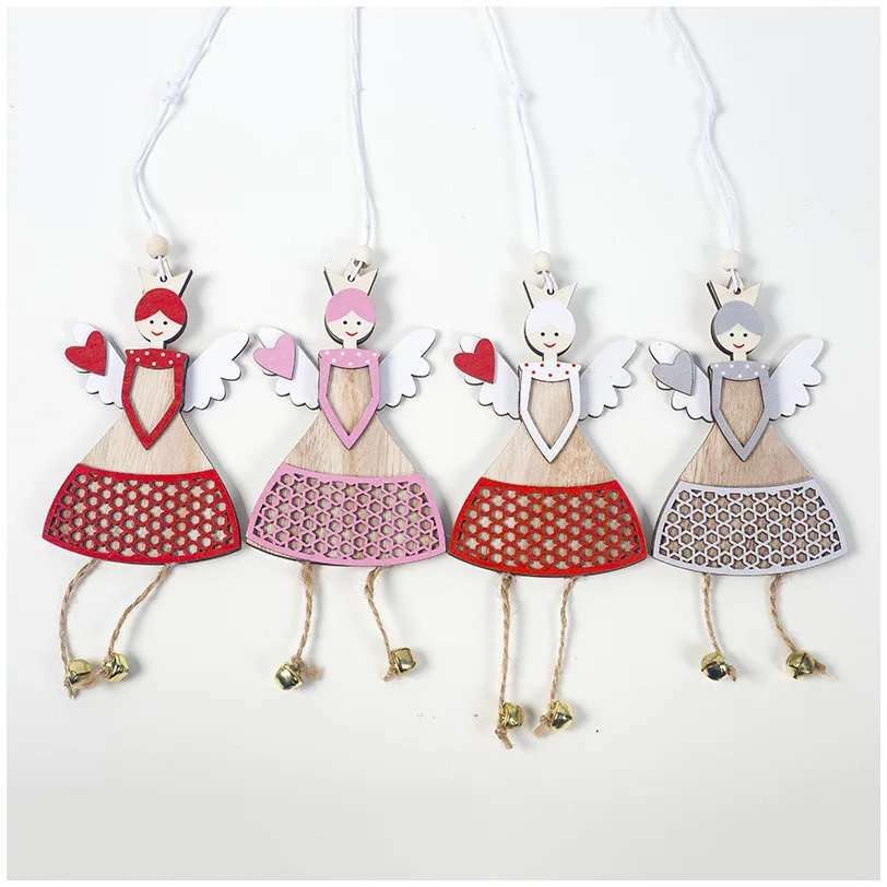 wooden heart girl angel with wing christmas tree decorations bell christmas pendant ornaments kids toys Xmas party decor newyear