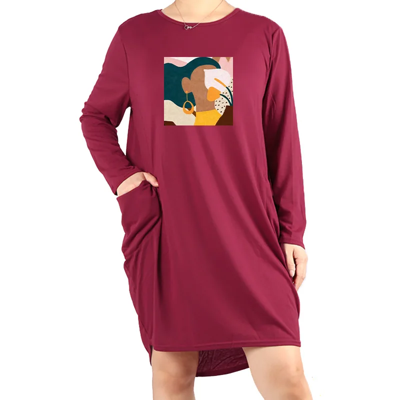 

Plus Size Dress Women Cartoon Girl Printing Pocket Loose Dresses Vintage Clothes Party Casual Woman Fashion Long Sleeve