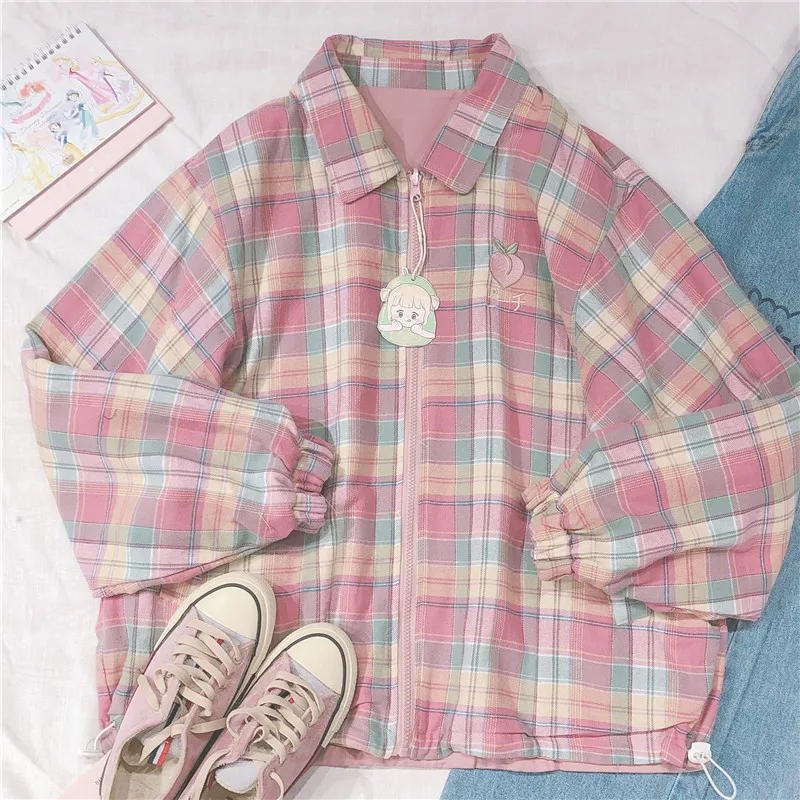 

2020 Autumn Both Sides Wear Jackets Women Causal Clothes Japanese Plaid Coat Long Sleeve Oversized Rainbow Jacket