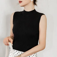 women wool plain knitted tank tops female solid sleeveless tees half high colla slim crop top female casual crop tops for women
