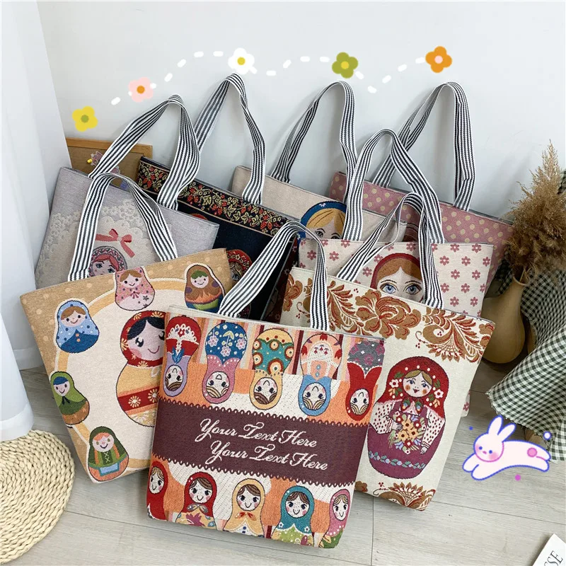 

Large Capacity Women Canvas Bag New Cartoon Matryoshka Print Shoulder Bag Zipper Messenger Bag Daily Shopping Handbag School Bag