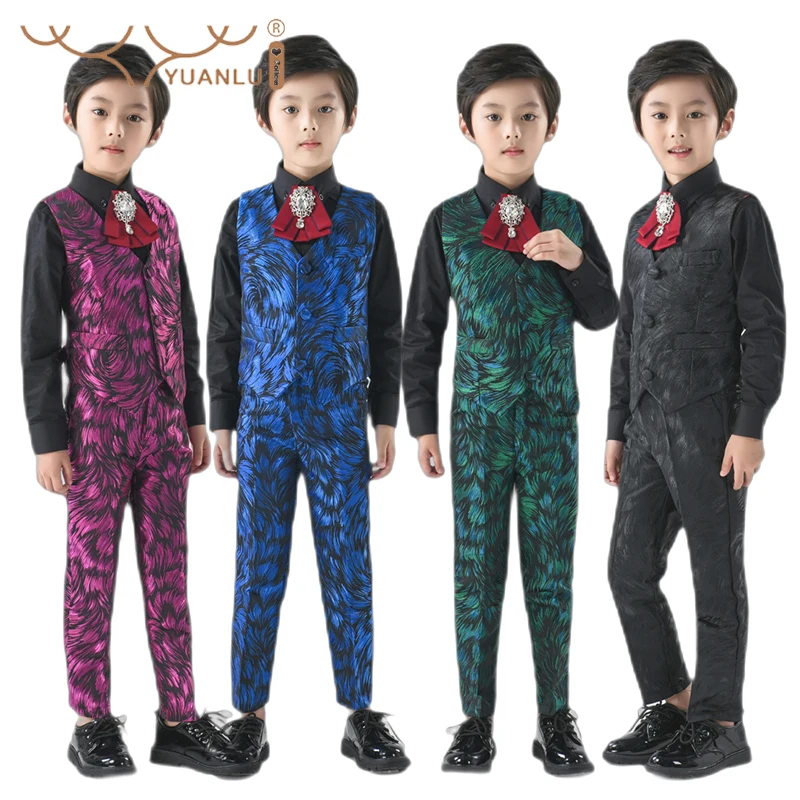 High Quality 4Pcs Suits for Boys for Host Costume Vest Shirts Pants Bow Tie Children's Clothing for Boy for Wedding Party