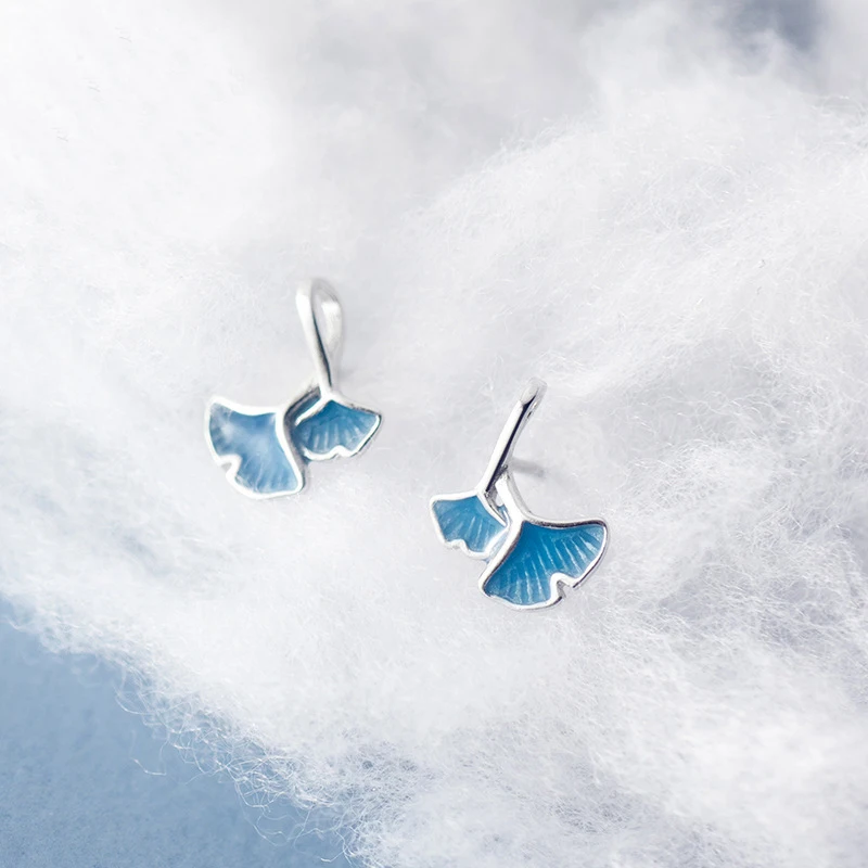 100% реальные 925 стерлингового серебра гинкго билоба серьги-гвоздики милый синие