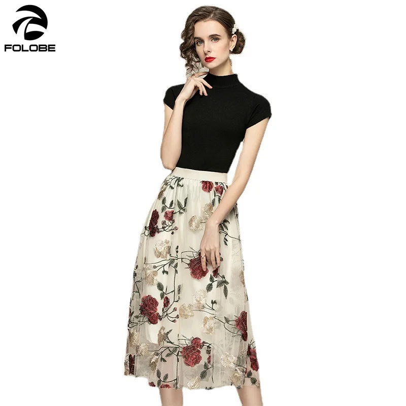 

FOLOBE 2021 Summer Fashion Women Sets Stand Collar Black Short Knitting Tops Sweater+Floral Embroidery Mesh Skirt Suit 2 Pieces