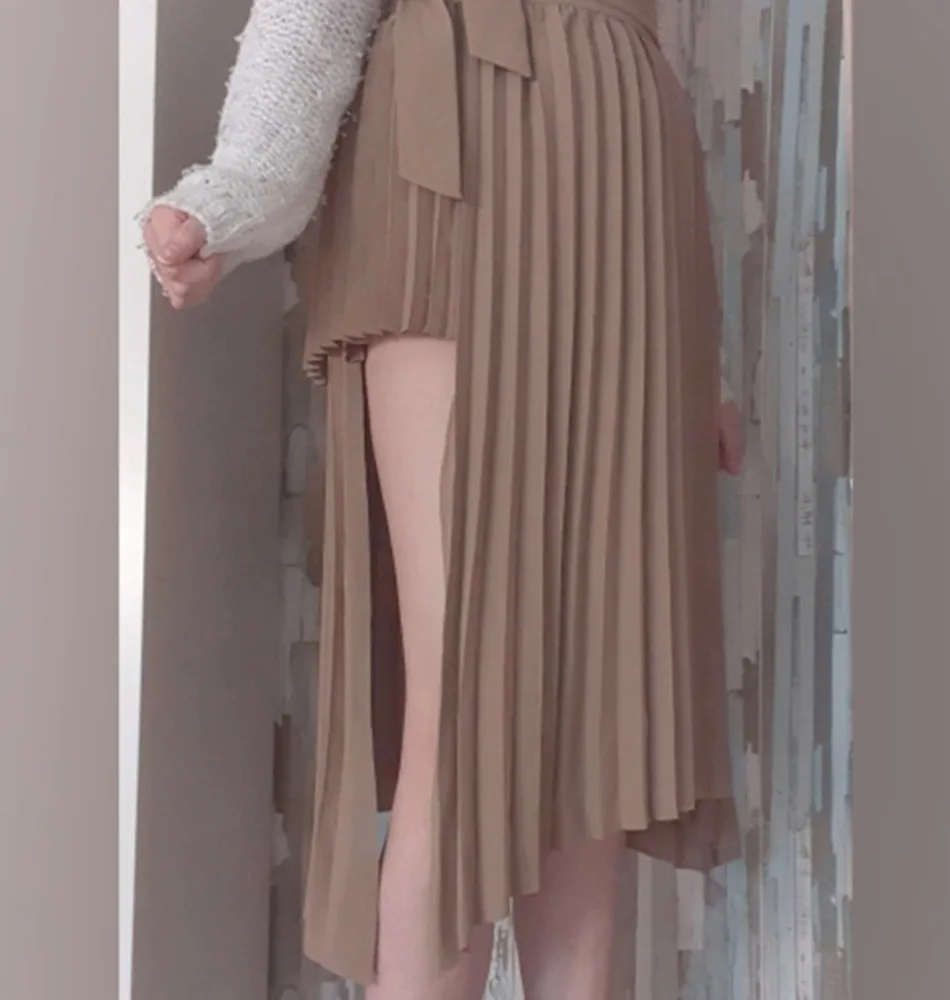 

NEW Spring Irregular Sashes Mid Calf Women Pleated Skirt Khaki Pleated Skirt Vintage High Waist Casual Skirts Female Faldas New