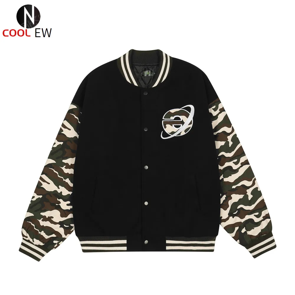 

Spliced Camouflage Sleeve Quilted Jacket Mens Autumn Contrast Paneled Thick Letterman Jacket Casual Loose Outerwear Men