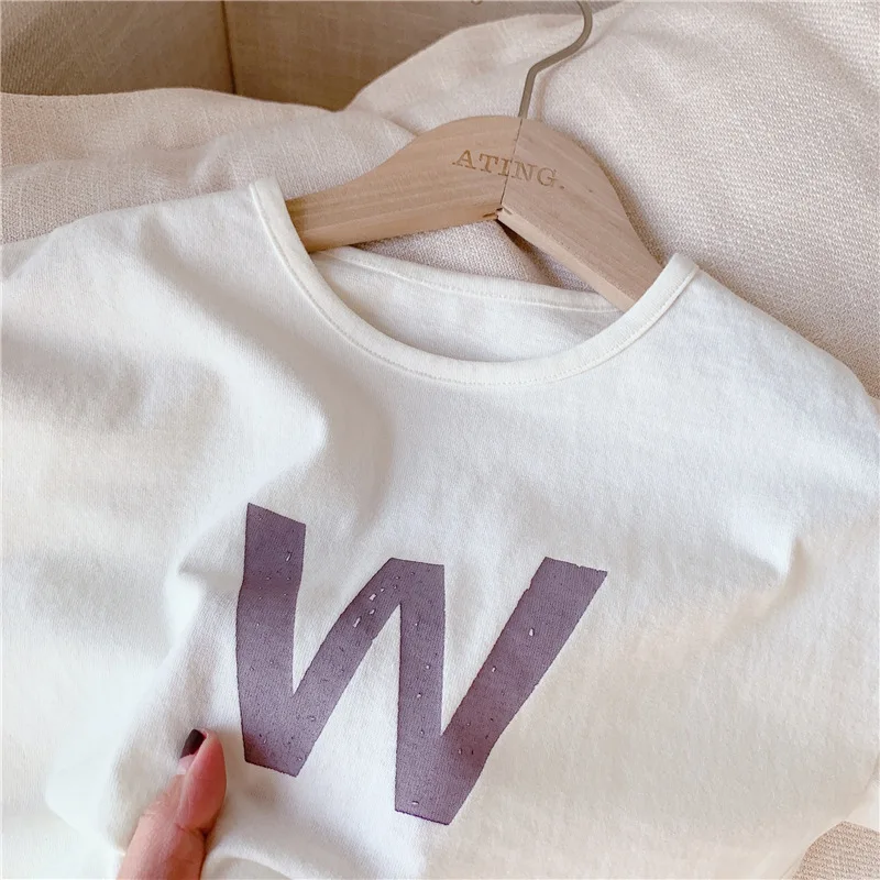 

T-shirt Girls short-sleeved children's Clothing 2021 Summer New Product Letter W Printed short-sleeved Loose Top Kids 20385
